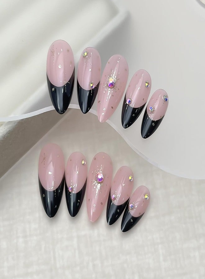 TBRZTR Black French Tip Press on Nails Medium Gold Glitter Rhinestones Design Almond Tip Press Ons False Nail Full Cover Artificial Nails Reusable Handmade Glue on Nails for Women 24Pcs - Image 2